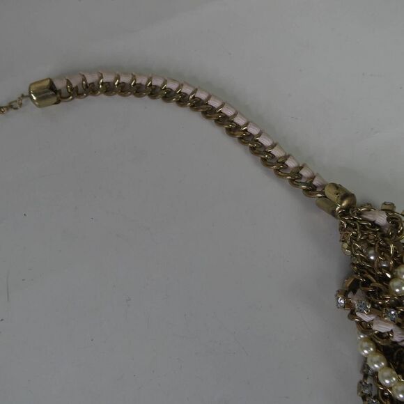 Mixed Material Braided Woven Bib Statement Necklace Fabric Pearl Rhinestones - Picture 7 of 10
